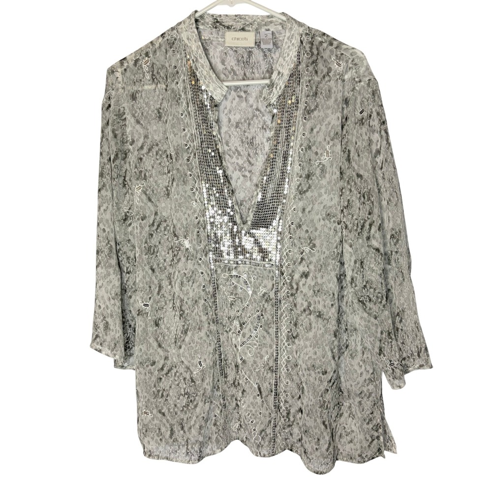 Chico's Sequin Animal Print Blouse Sz 2 Large Boho Grey Sheer Embellished Tunic